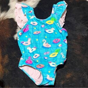 Ruffle Butts Girls One-Piece Swimsuit in Aqua Blue with Pink Ruffles